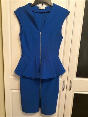 Royal Blue Peplum Sheath Dress with Front Zip